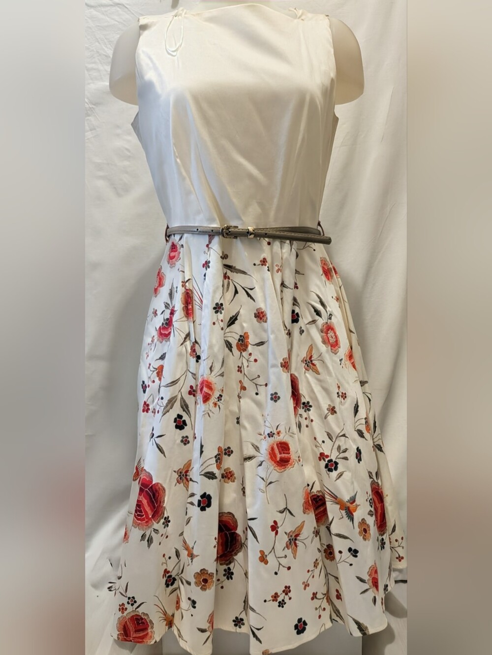 Ivory Floral Fit-and-Flare Dress with Belt